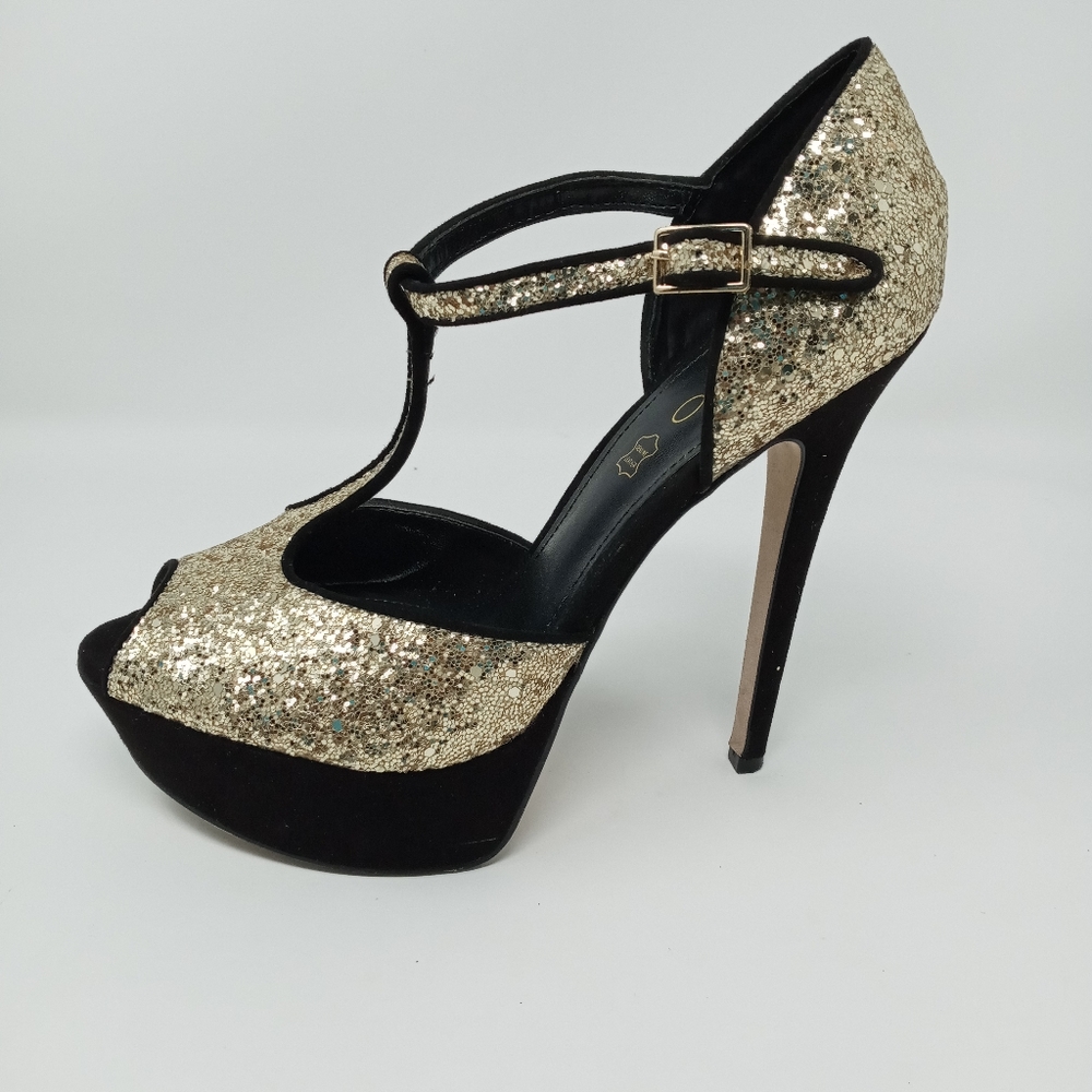ALDO black and gold glitter peeptoes